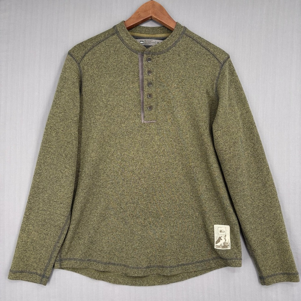 REI Co-op Waffle Knit Henley Sweater Medium Heather Olive Green Long Sleeve
